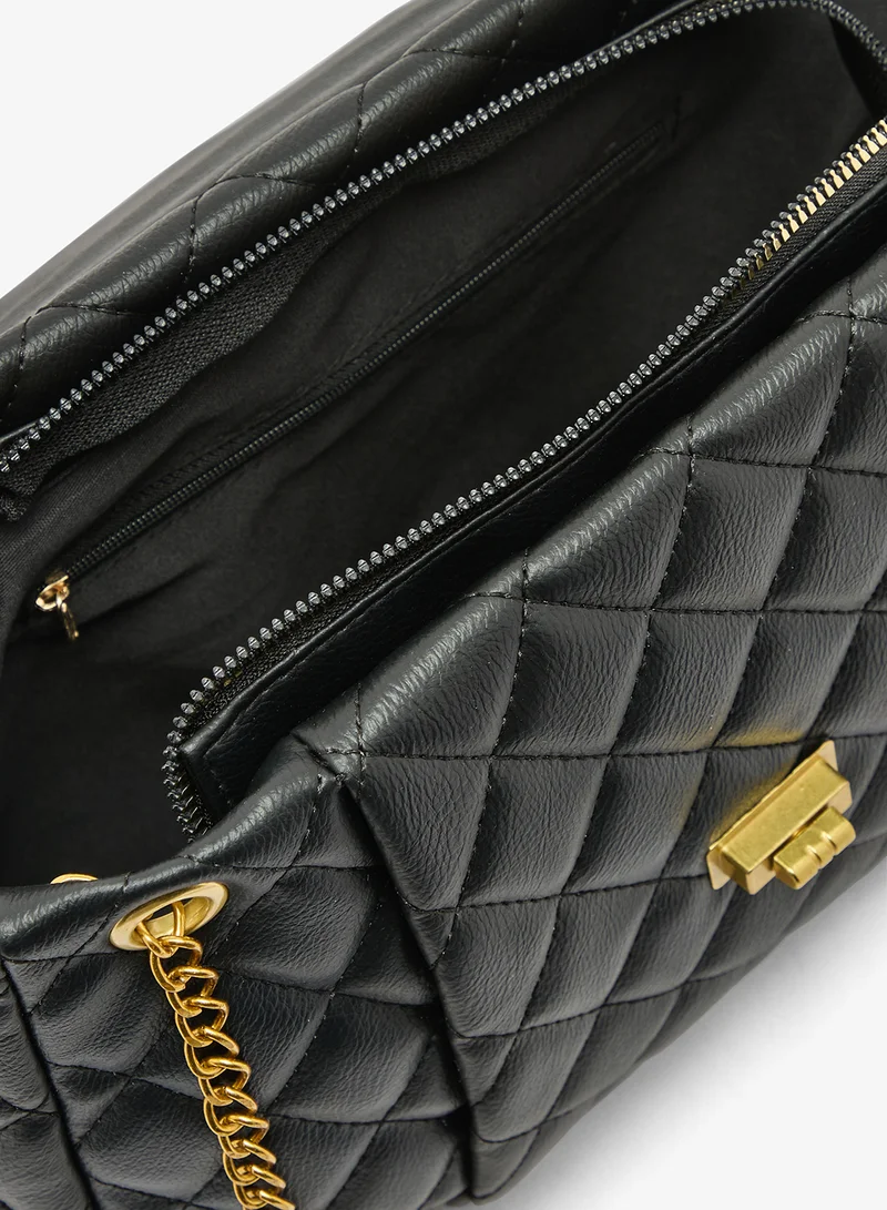 ELLA Black Quilted Textured Chain Detail Gold Accent Shoulder Bag for Women | Best Price UAE